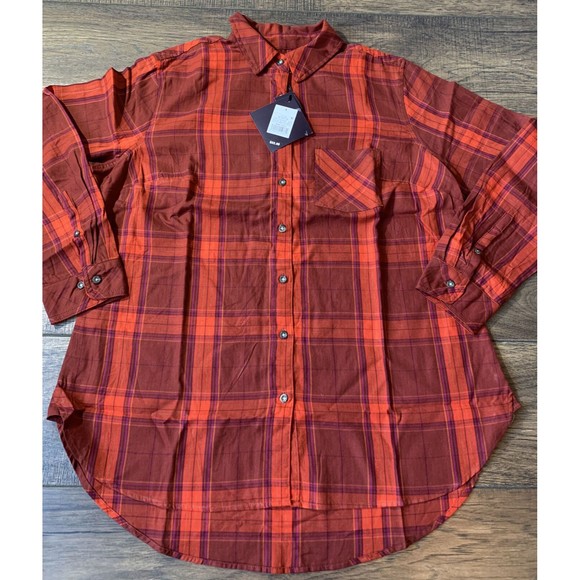 Women’s Ava & Viv Plaid Long Sleeve Collared Button-Down top red plaid X, 1020 - Picture 4 of 10